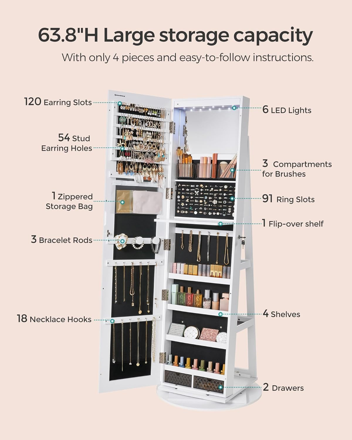6 Leds Lockable Mirror Jewelry Cabinet, 360° Swivel Jewelry Organizer Armoire Standing, Frameless Full-Length Mirror, 3 Storage Shelves, White Surface, Black Lining UJJC007W01