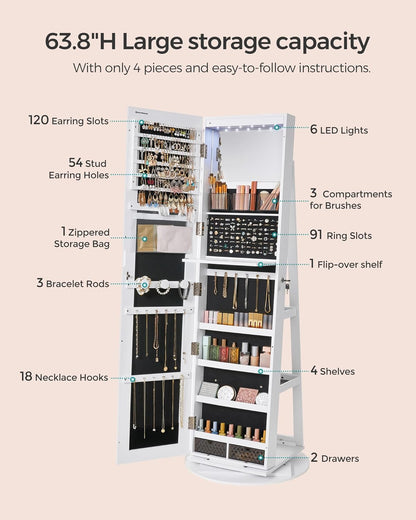 6 Leds Lockable Mirror Jewelry Cabinet, 360° Swivel Jewelry Organizer Armoire Standing, Frameless Full-Length Mirror, 3 Storage Shelves, White Surface, Black Lining UJJC007W01