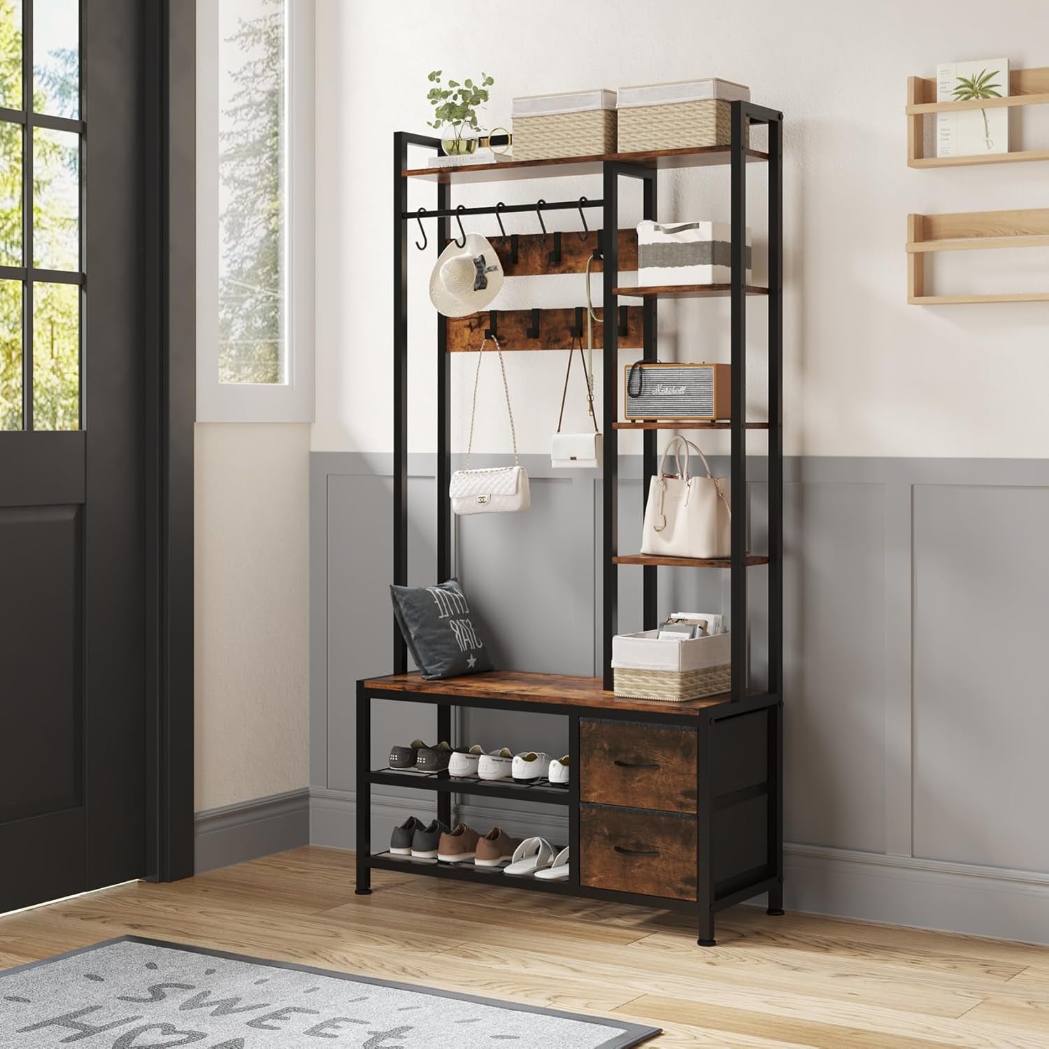 Hall Tree with Bench Storage and Shoes Storage, Hall Tree with Drawers and Shelves for Bedroom, 6-In-1 Entryway Organizer with Shelves, Living Room, Entryway, Closets (Rustic Brown)