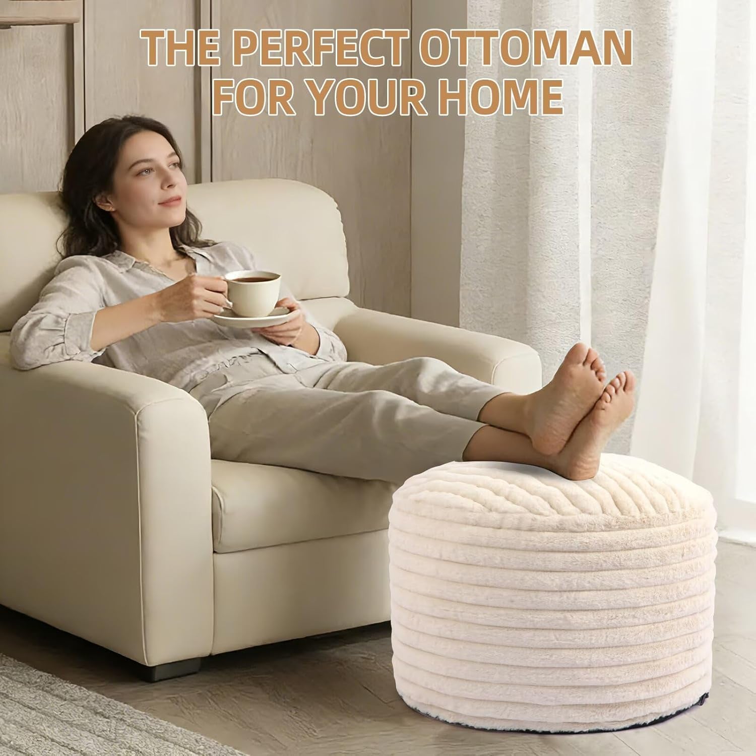 Round Stuffed Pouf Ottoman Foot Rest for Couch round Ottoman with Foam Chunk Filling Stripe Faux Fur Ottomans for Living Room Floor (20"X15",Beige)