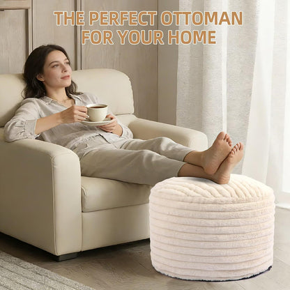 Round Stuffed Pouf Ottoman Foot Rest for Couch round Ottoman with Foam Chunk Filling Stripe Faux Fur Ottomans for Living Room Floor (20"X15",Beige)