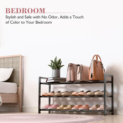 3-Tier Expandable Shoe Rack for Closet, 18“-33” Adjustable Shoe Rack for Small Space, Small Shoe Organizer for Front Door, Sturdy Metal, Black