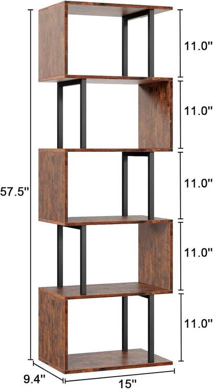 6 Tier Bookshelf, Tall S Shaped Geometric Bookcase, Modern Display Shelf Standing Unit, Wood Metal Decorative Divider Rack for Living Room Bedroom Office, Rustic Brown