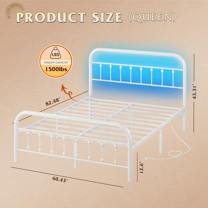 Bed Frame King Size, King Size Bed Frame and Headboard, King Bed Frames with LED Lights and Charging Station,No Box Spring Required,Easy Assembly,White