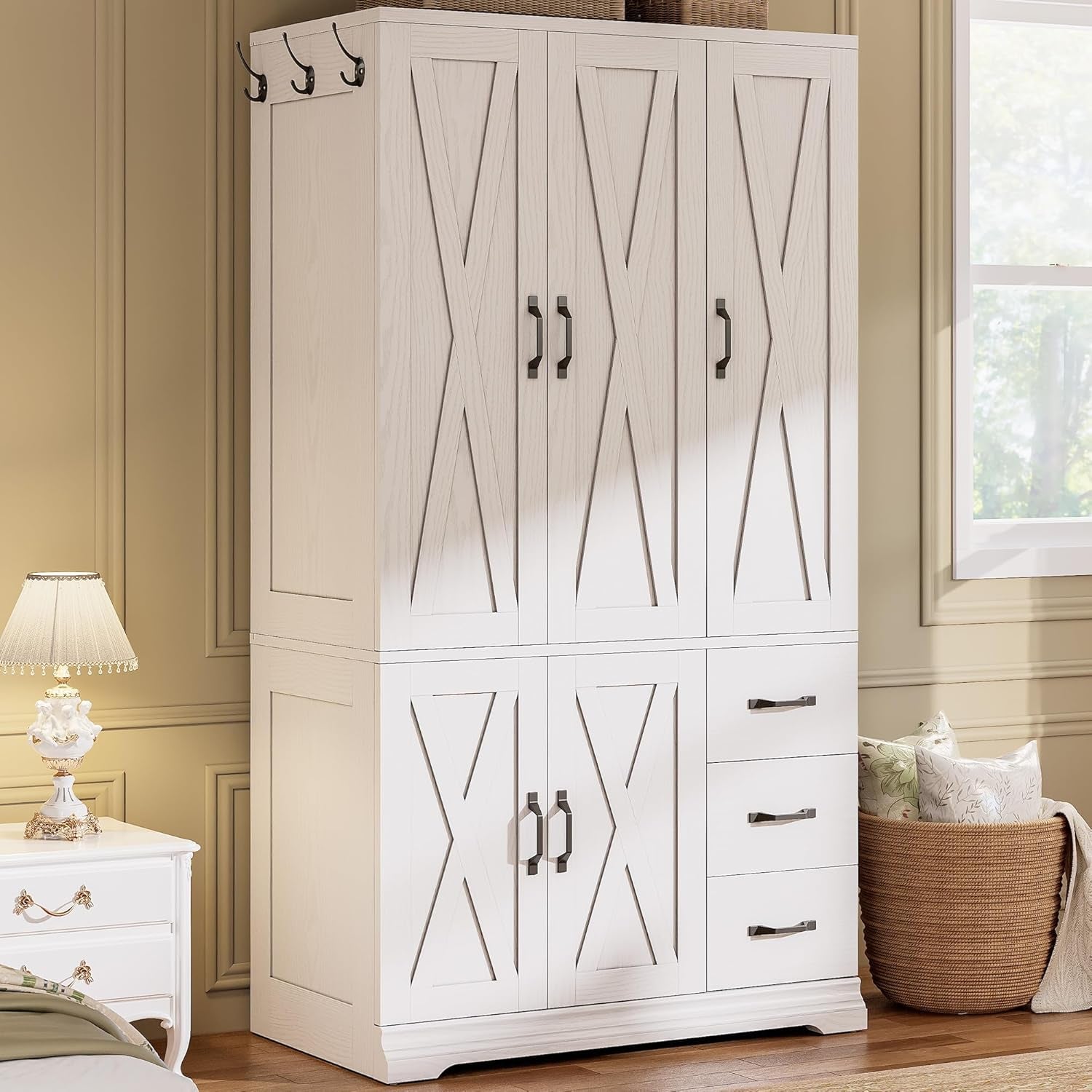 Wardrobe Closet with 5 Cabinet Doors and 3 Drawers, Large-Capacity Deep Armoire for Bedroom with 3 Side Hooks, Hanging Rod and anti - Tip Kit, White