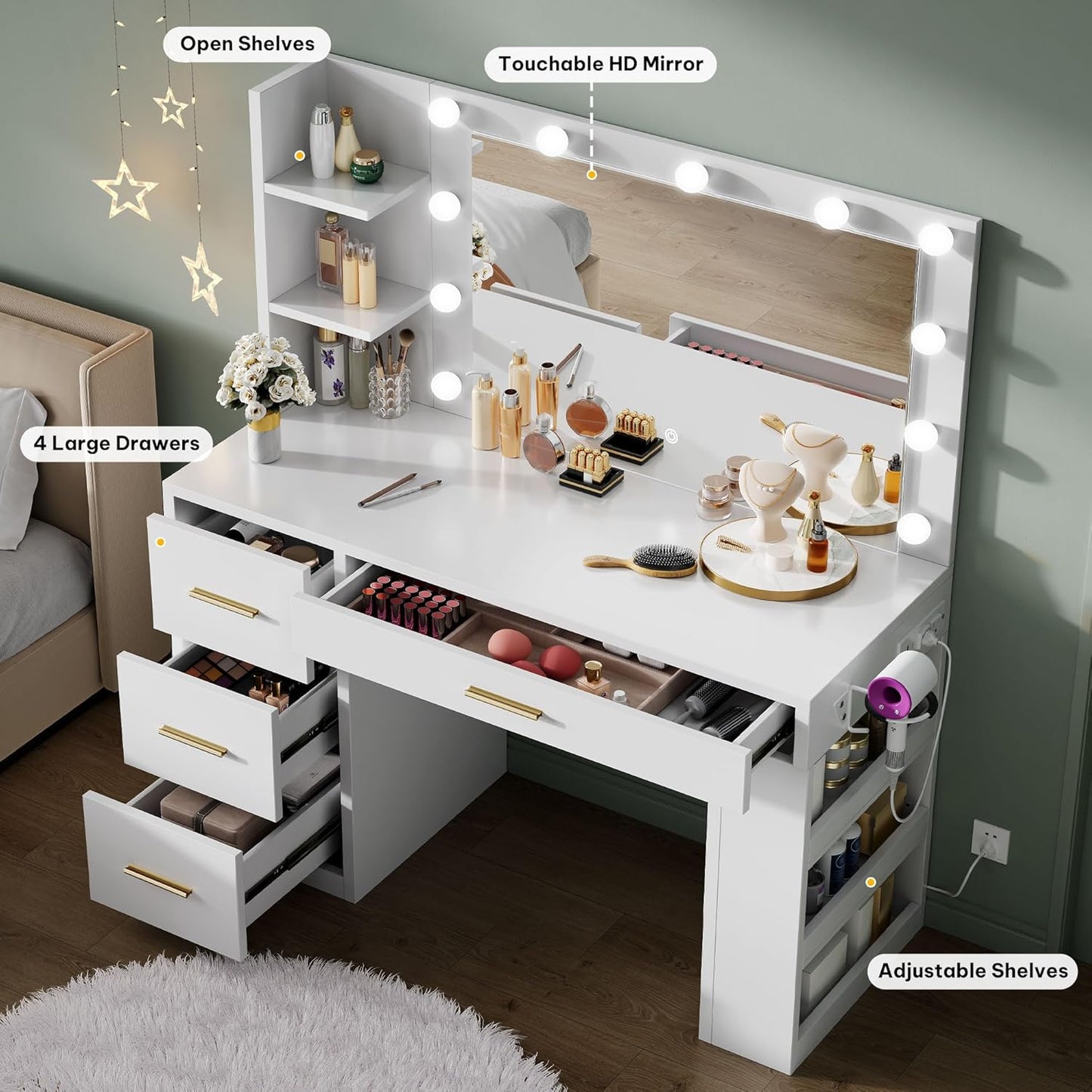 Makeup Vanity Desk with Mirror & Lights, 40Inch Vanity Table with Power Outlets, 4 Drawers & 6 Open Storage Shelves, 3 Color Modes & Adjustable Brightness Dressing Table for Bedroom, White