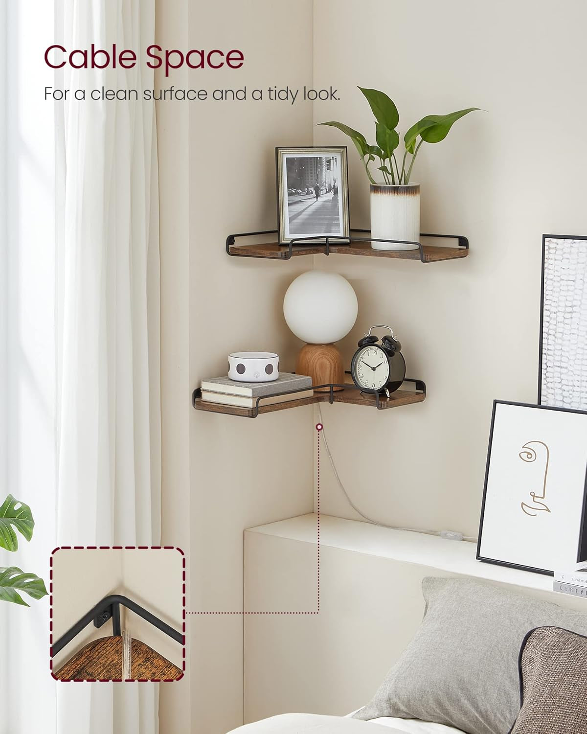 Corner Shelf Wall Mount Set of 2, Floating Shelves, Small Wall Shelf for Decor Storage, for Living Room Bedroom Kitchen Bathroom, Rustic Brown and Black ULLS831B01