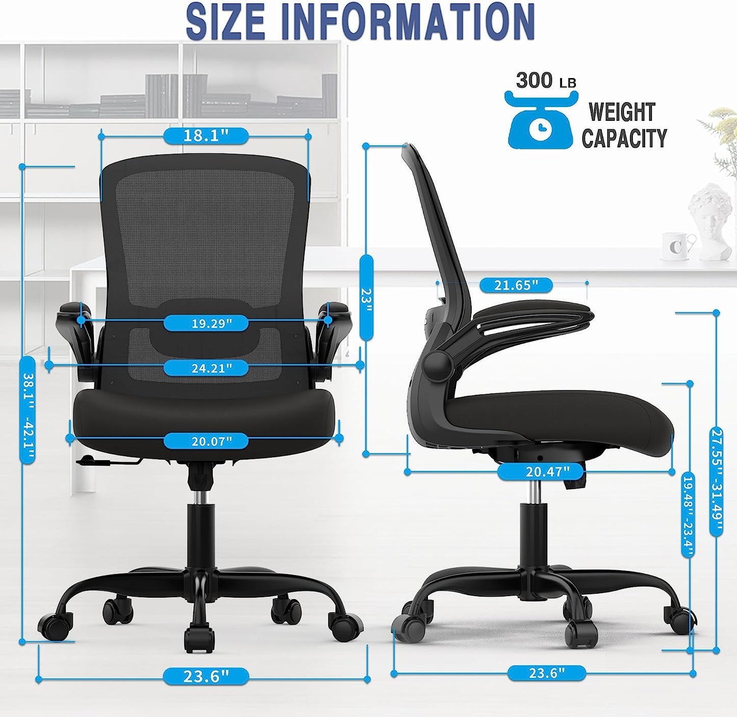 Ergonomic Office Chair - BIFMA Certified, Flip-Up Armrests & 135° Recline, Adjustable Lumbar Support - Space-Saving Task Chair for Business/Team Office & Home (Black, 300Lbs)