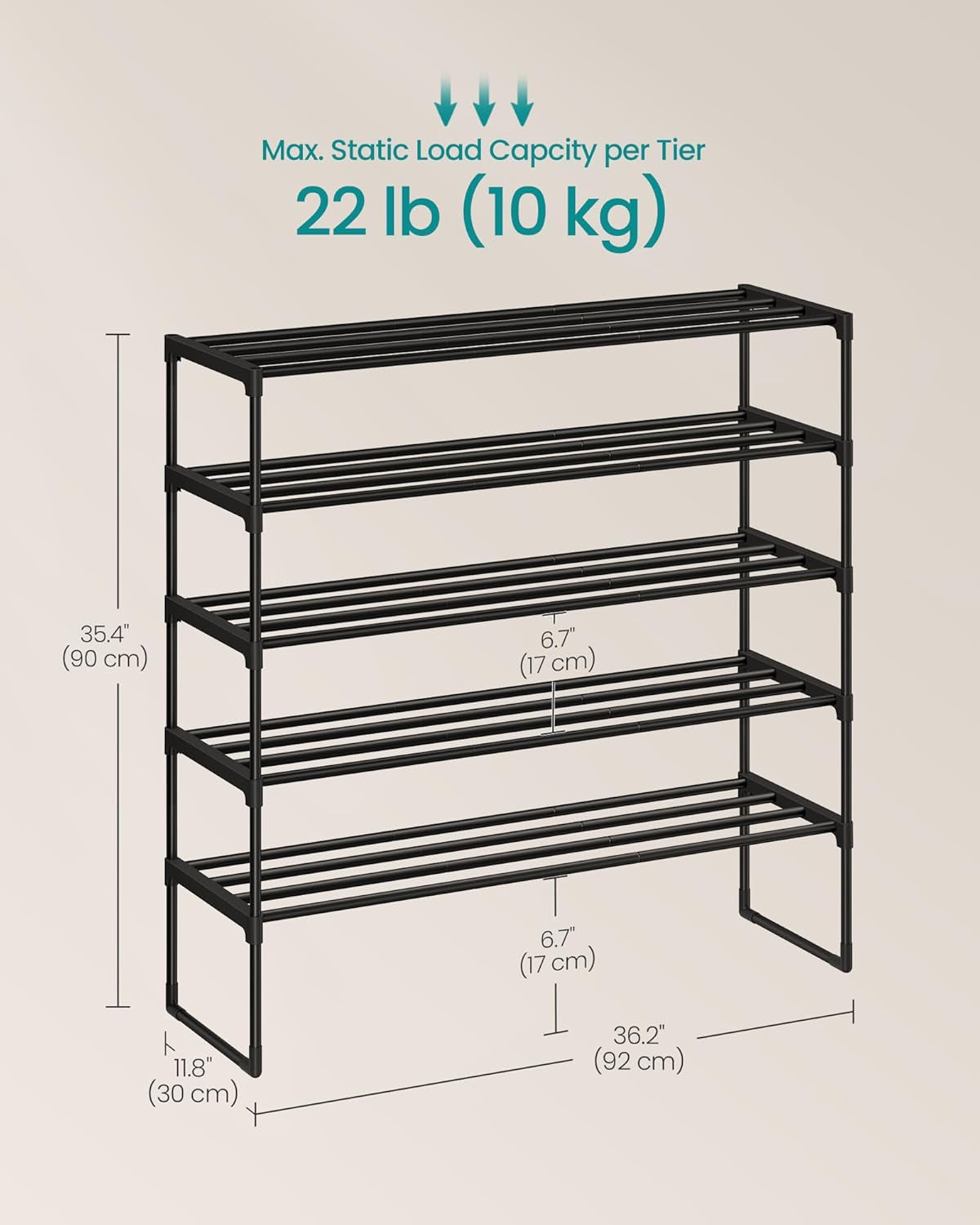 Shoe Rack, 5-Tier Shoe Organizer, Metal Storage Shelf, Upright or Upside Down, for 20-25 Pairs, Stackable, for Entryway, 11.8 X 36.2 X 35.4 Inches, Black ULSA305BH01