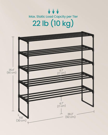 Shoe Rack, 5-Tier Shoe Organizer, Metal Storage Shelf, Upright or Upside Down, for 20-25 Pairs, Stackable, for Entryway, 11.8 X 36.2 X 35.4 Inches, Black ULSA305BH01