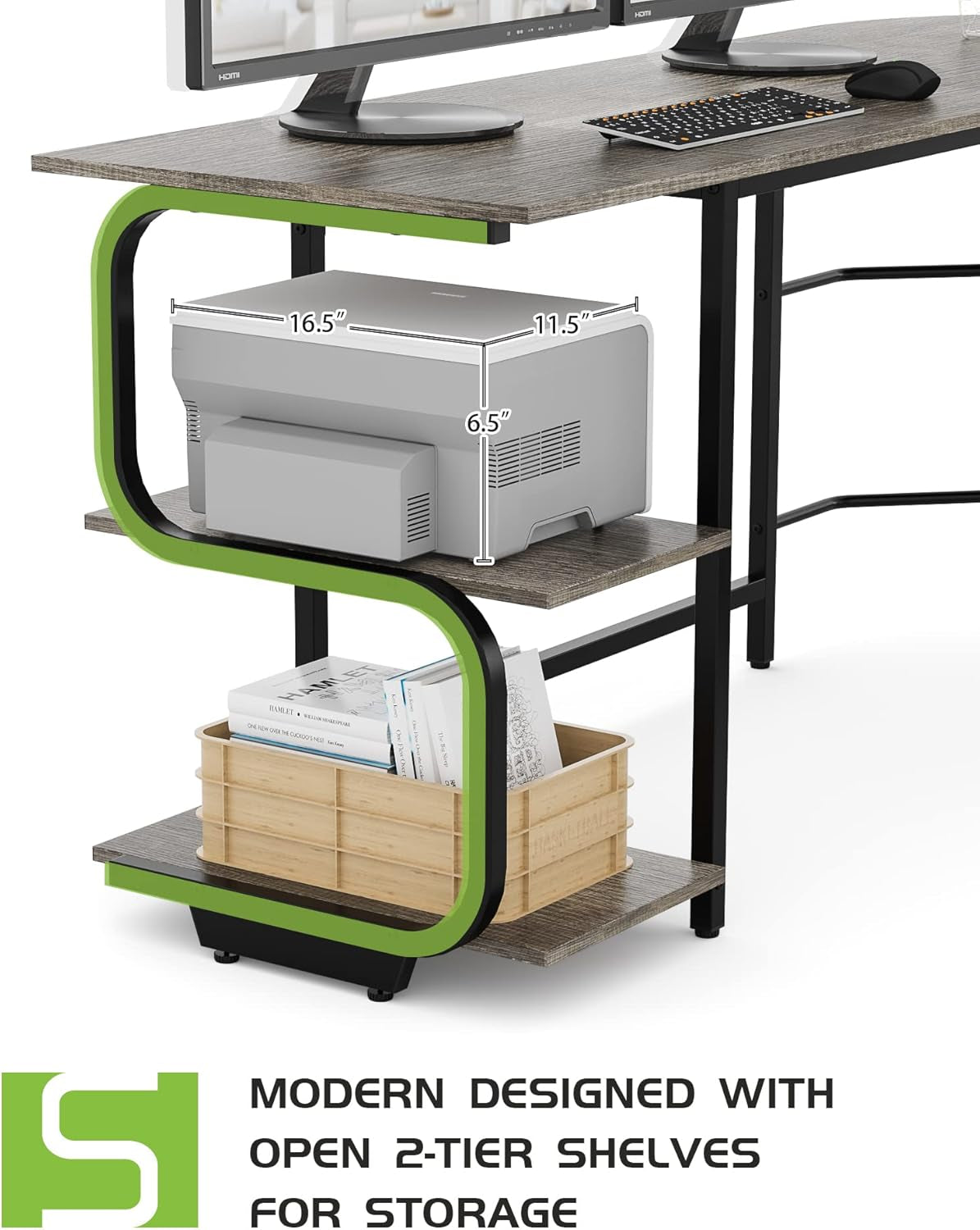 Reversible L Shaped Desk with Large Surface, 61 Inch Sturdy Corner Desk with Storage Shelves, Premium Office Computer Desk Workstation for Home Office Gaming