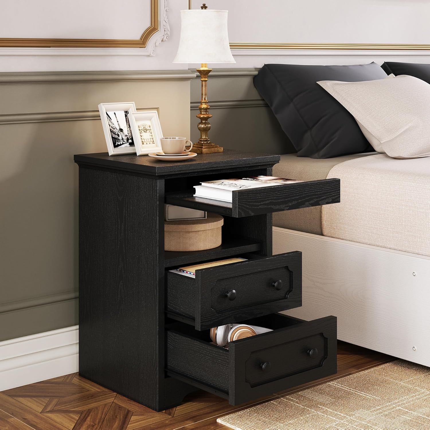 Night Stand, Modern Bedside Table with 2 Drawers, Open Shelf, End Table with Pull-Out Tray, Wood Sidetable, Black