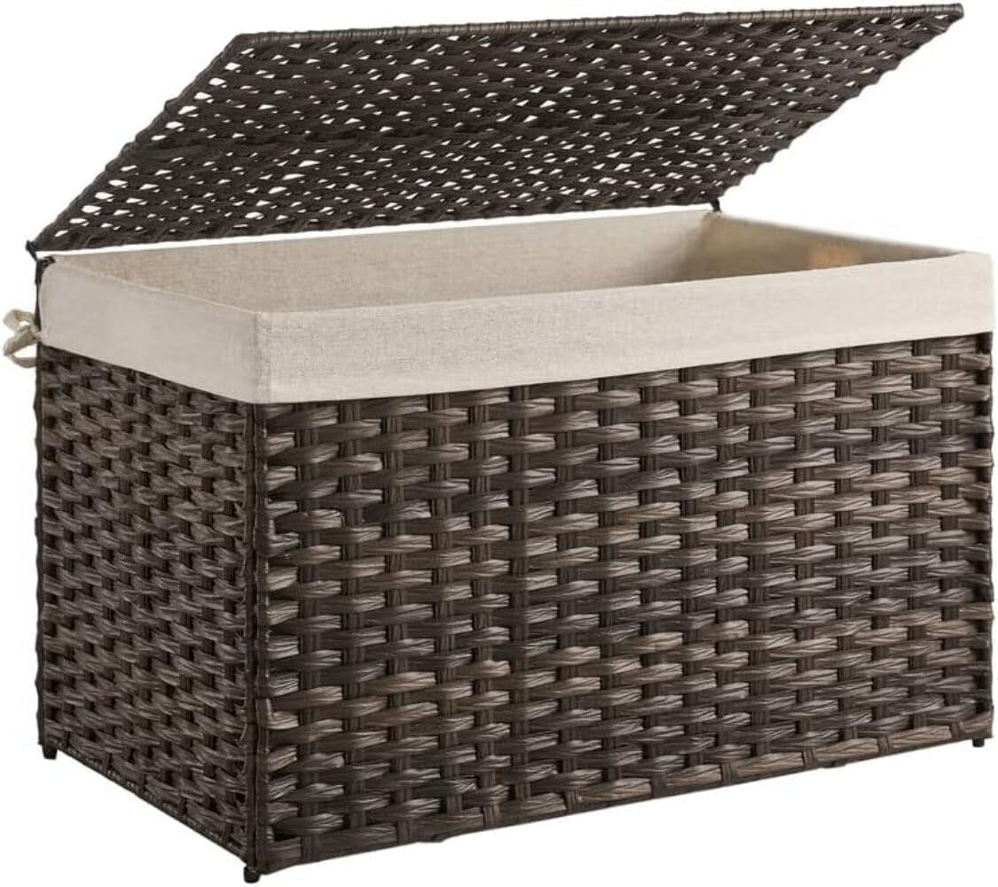 Storage Basket with Lid, 42.3 Gallon (160L) Storage Bin, Woven Blanket Storage Basket with Handles, Foldable, Removable Liner, Metal Frame, for Bedroom, Laundry Room, Brown URST76BR