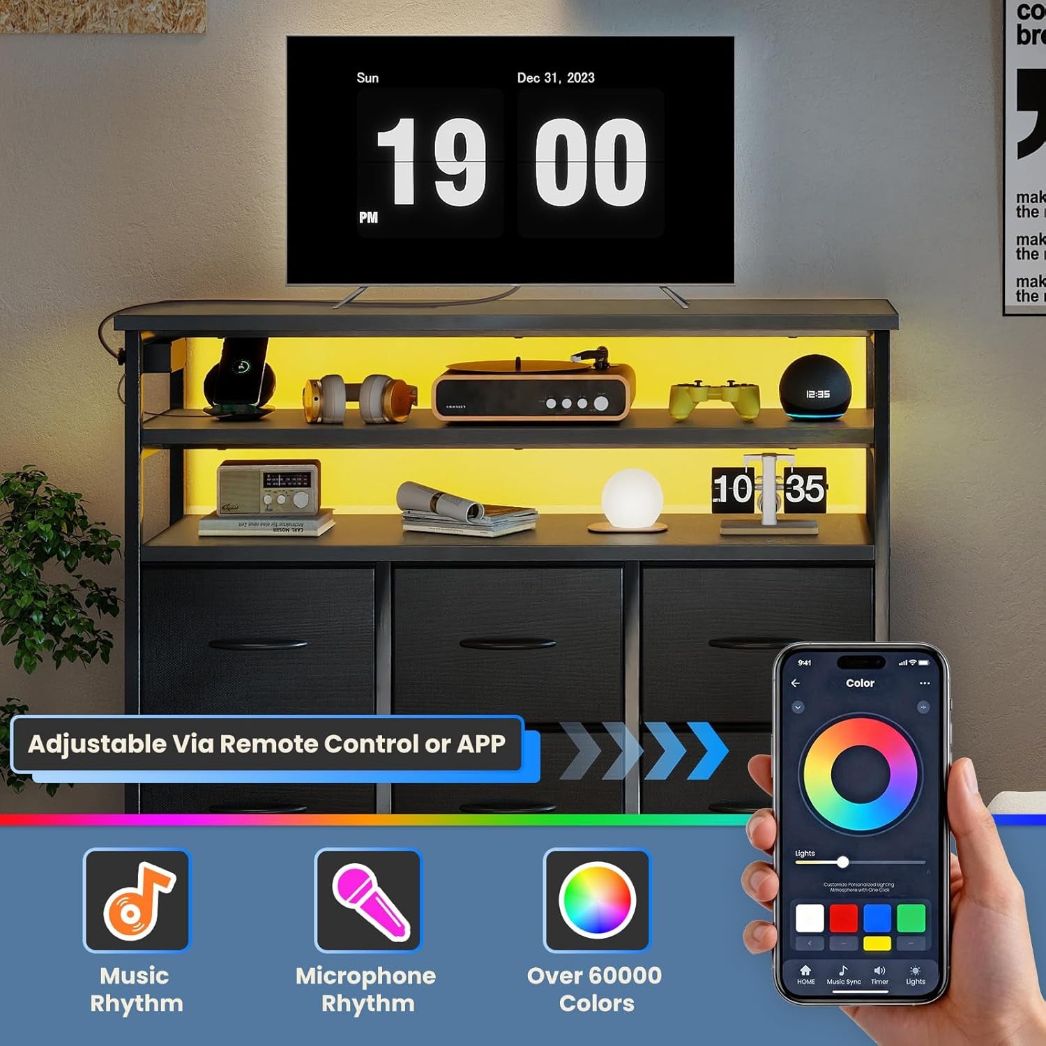 TV Stand for up to 45 Inch TV, Wood Top TV Media Console Table with 6 Fabric Drawers, 2 Shelves, Entertainment Center with LED Lights & Charging Station for Living Room, Hallway, Black