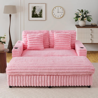 58'' Oversized Chaise Lounge Chair Indoor, Plush Faux Rabbit Fur Sleeper Sofa Bed with 4 Pillows, Charging Station & Cup Holders, Fluffy Comfy Cloud Couch Loveseat Sofa for Living Room,Pink