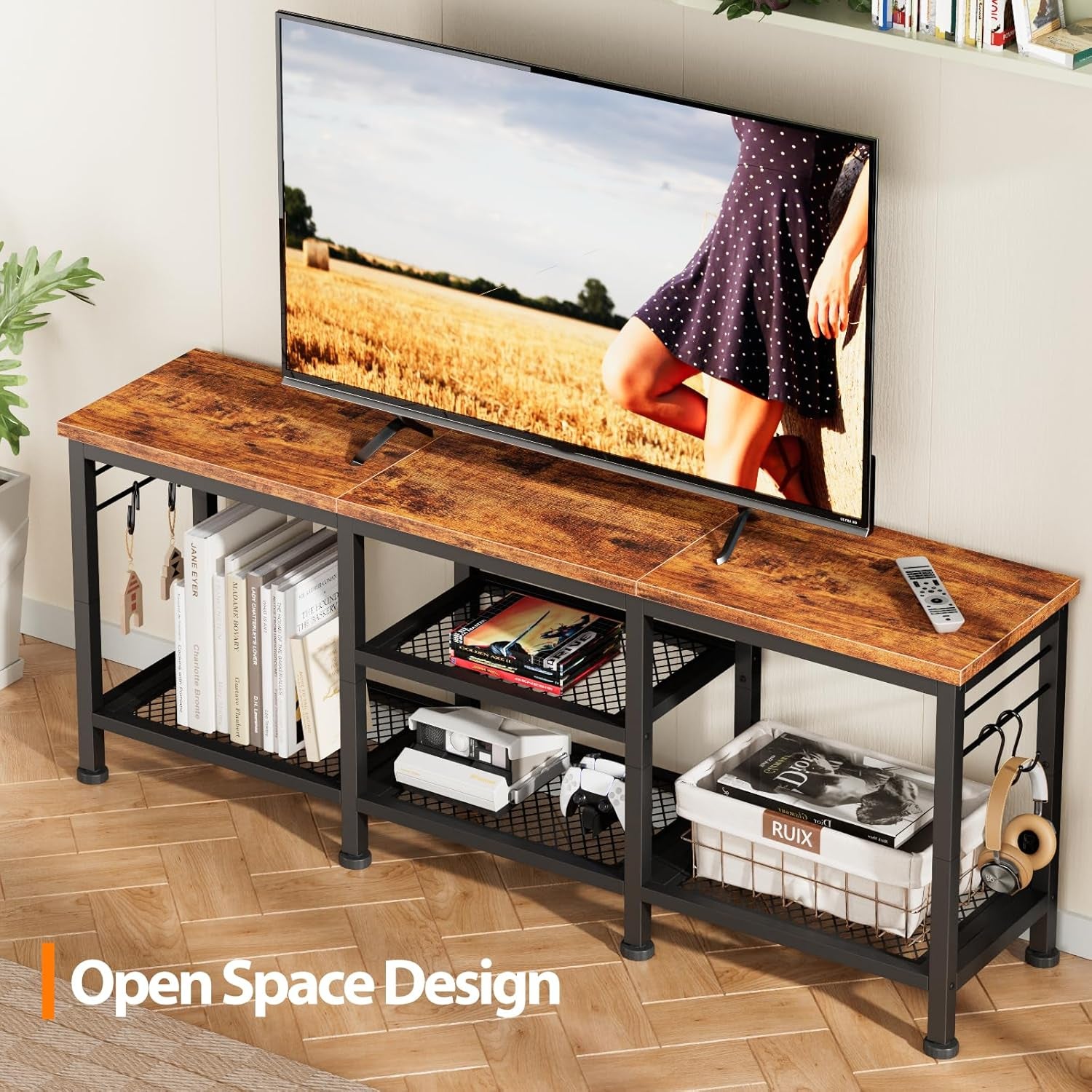TV Stand for Tvs up to 55 Inch, Entertainment Center with Open Storage Shelves, Media Console Table with Soundbar Shelf for Living Room, Bedroom, Rustic Brown