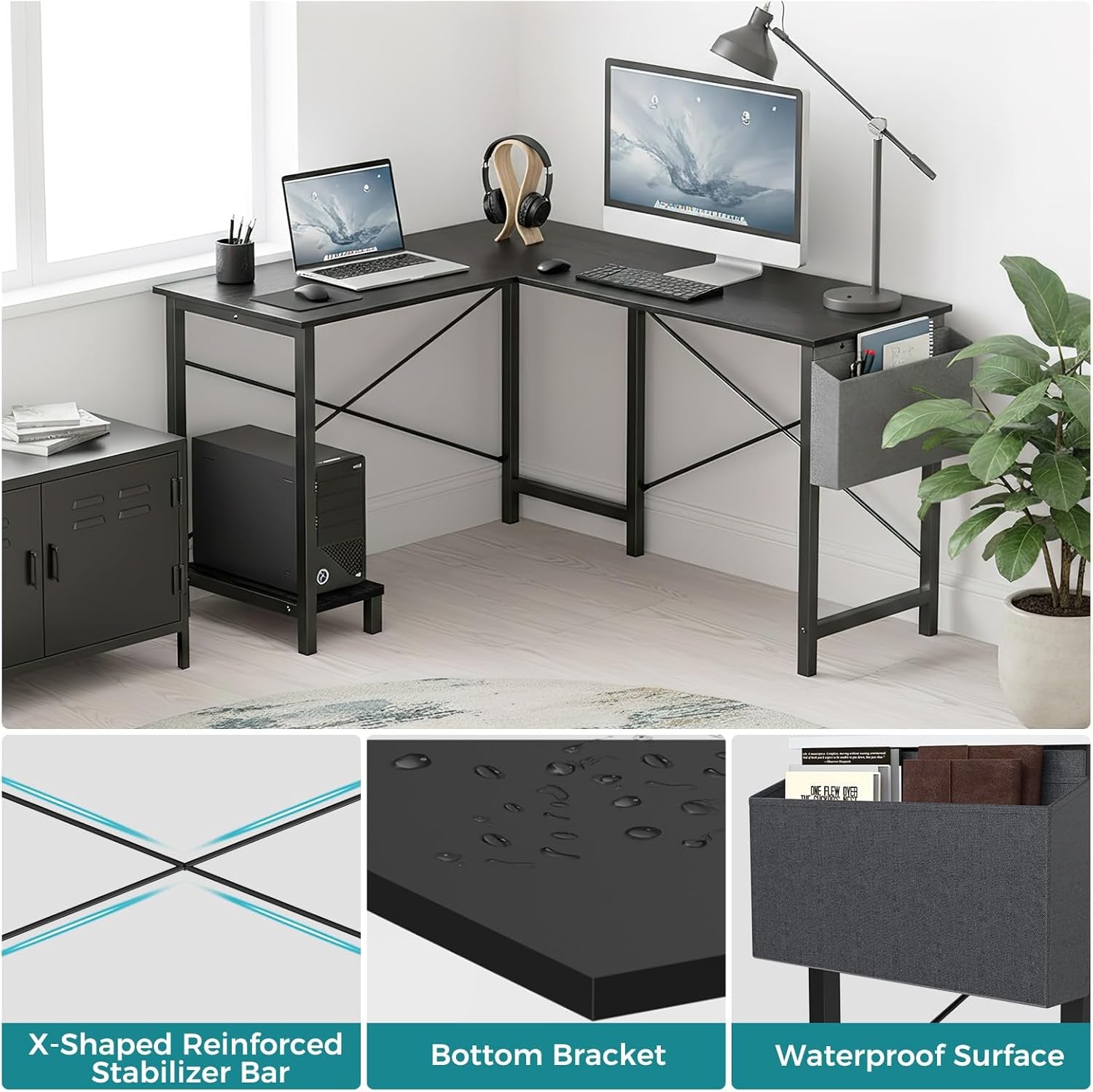 L Shaped Desk, 50-Inch Office Computer Gaming Desks Corner PC Table with Side Bag and Reversible Shelf for Home Work Study Writing Black