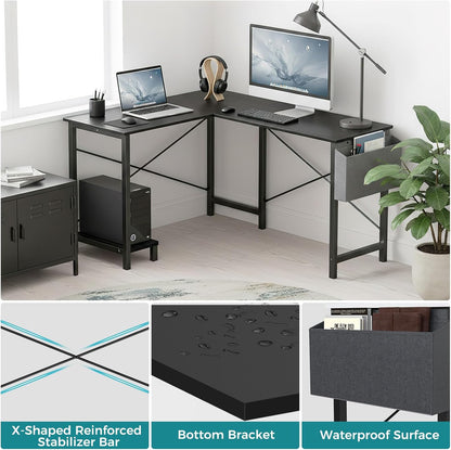 L Shaped Desk, 50-Inch Office Computer Gaming Desks Corner PC Table with Side Bag and Reversible Shelf for Home Work Study Writing Black