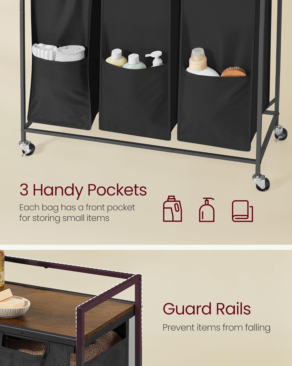Laundry Sorter, 43.5 Gal. (165 L) Laundry Hamper Basket with 3 Compartments, Rolling Cart with Wheels, Shelf, Removable Bags, Pockets, Ink Black and Rustic Brown UBLH031B01