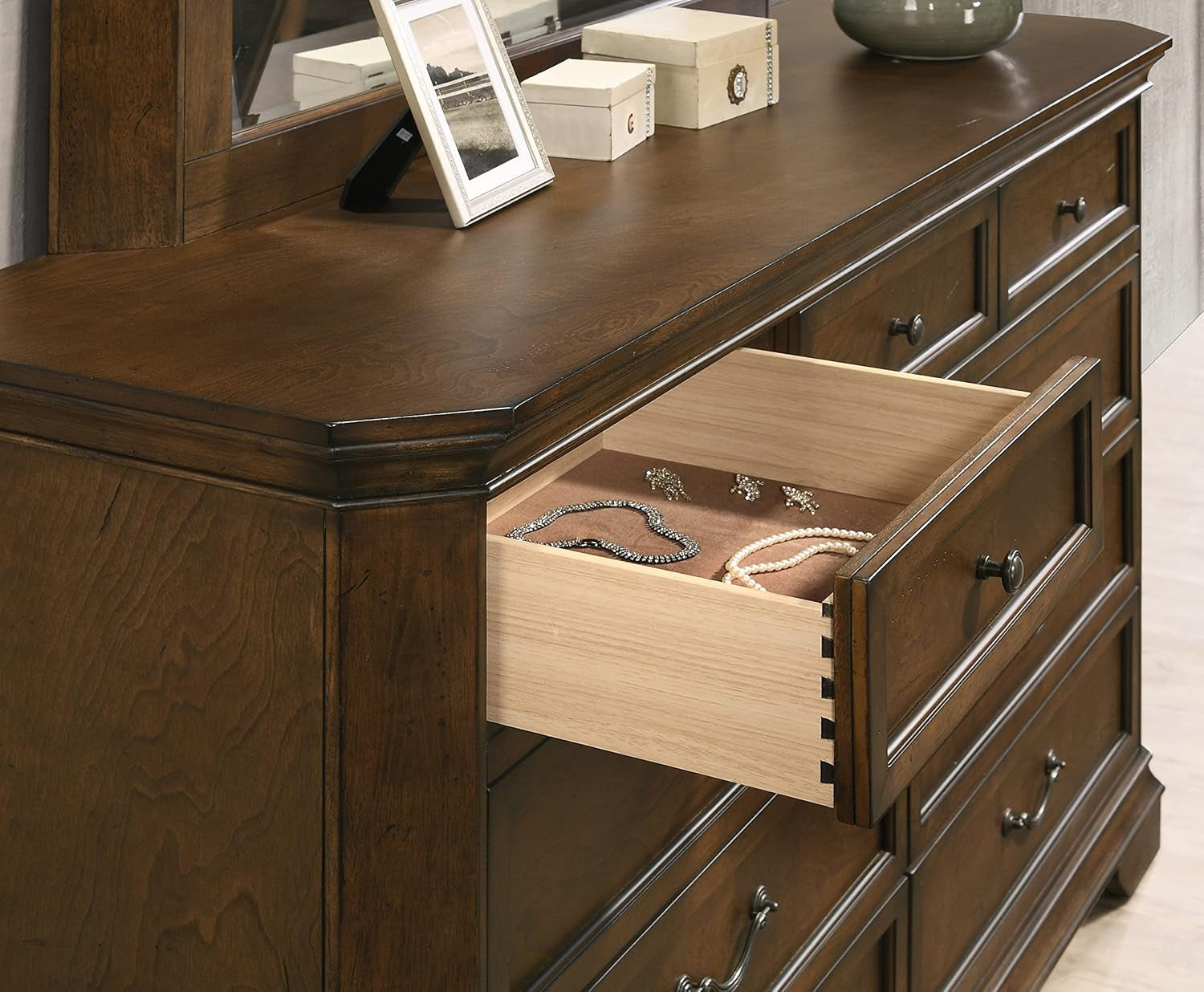 Maderne Traditional Wood Panel Bed with Dresser, Mirror, Two Nightstands, Chest, King, Antique Walnut Finish