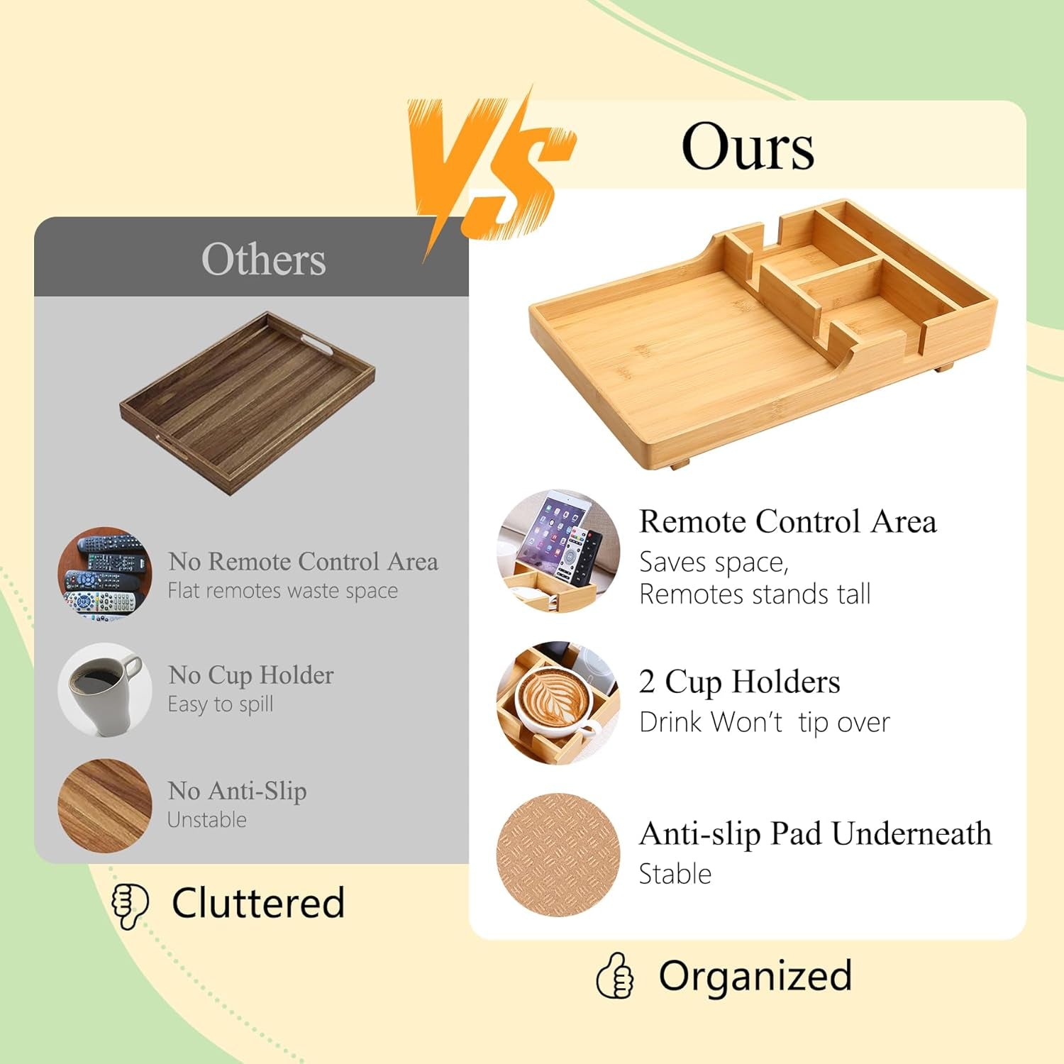 Couch Tray Insert for Middle,Bamboo 15.3″X9.8″ Sofa 2 Cups Holder Table between Couch Cushions,Fit Armless Couch/Sectional, 2-In-1 Fold-Flat Tray for Drink Snack Remote Holder