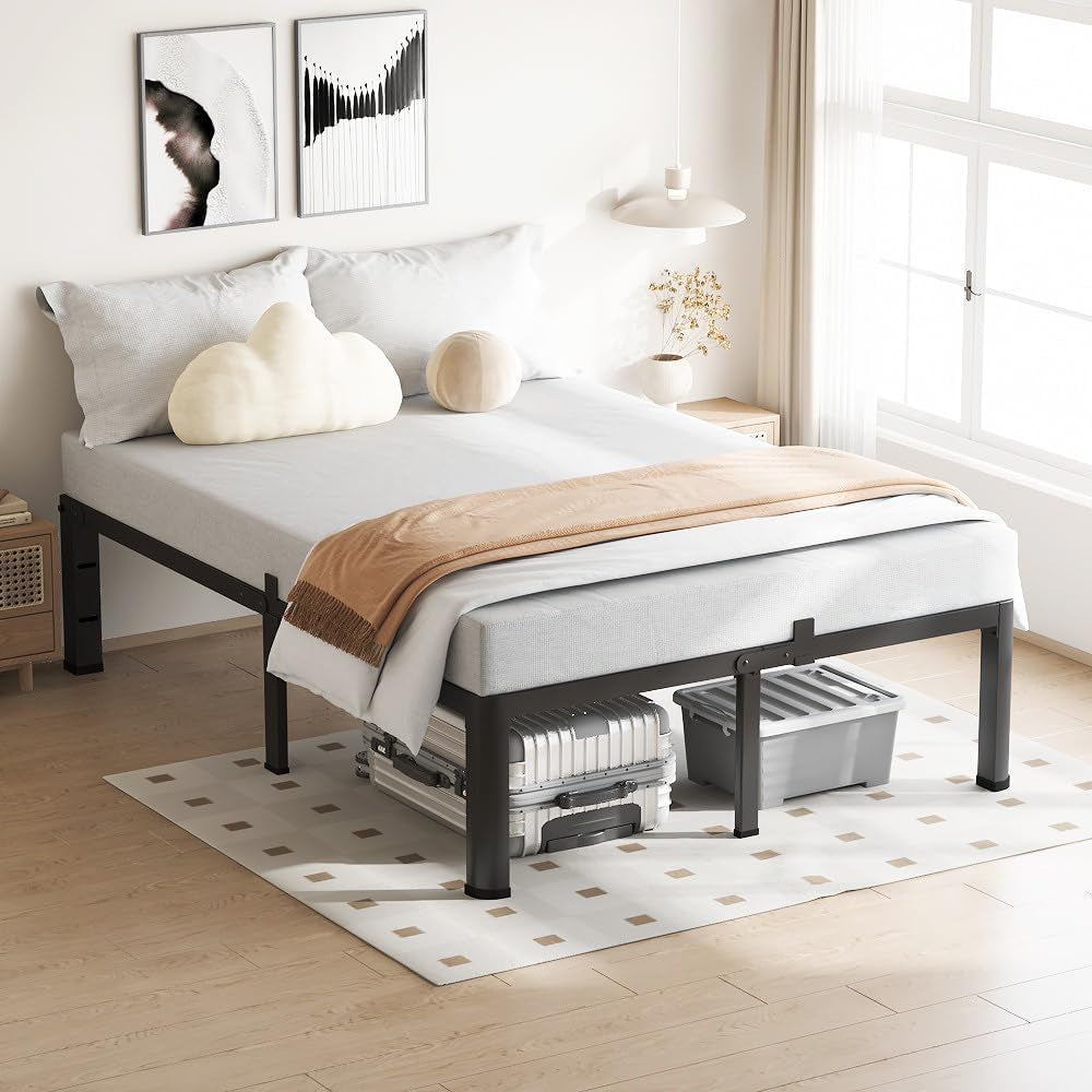 18 Inch Queen Bed Frame, 3500Lbs Heavy Duty Metal Platform with round Corner Legs Mattress Slide Stopper, Steel Slat Support No Box Spring Needed, Noise Free, Non-Slip, Easy Assembly