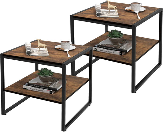 Square End Table Set of 2, 2-Tier Sofa Side Table with Open Shelf, Metal Frame, Industrial Tea Table, Compact Nightstand for Small Space, Bedside Table for Living Room, Bedroom, Rustic Brown