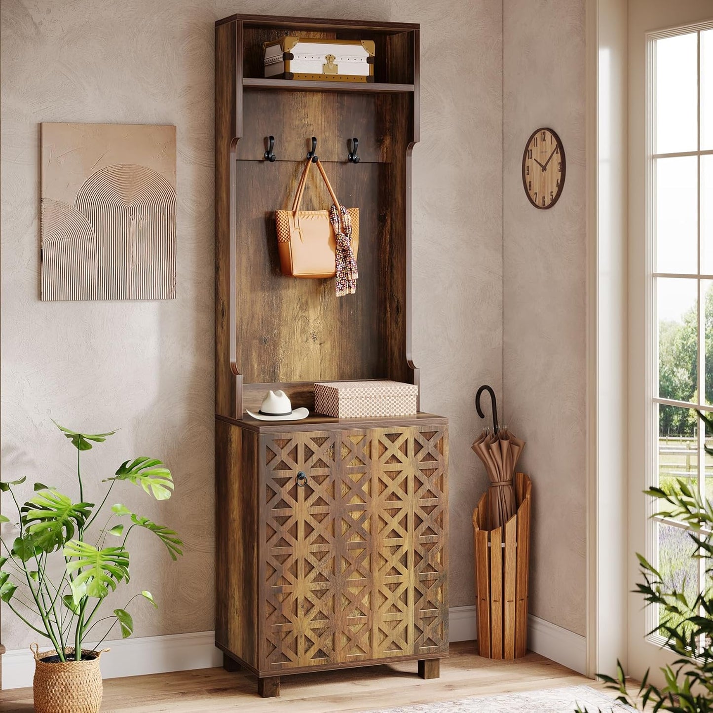 3-In-1 Entryway Hall Tree with Storage, Farmhouse Hall Tree with Coat Rack, Top Storage and Shoe Cabinet for Entryway, Hallway, Bedroom, Rustic Brown