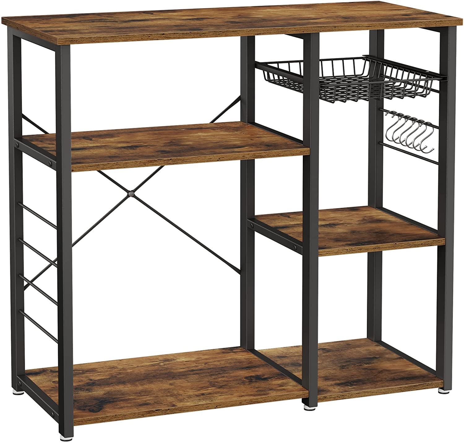Baker'S Rack, Coffee Bar Stand with Charging Station, 33 Inches Tall, Storage Shelves, Pull-Out Wire Basket, Table for Microwave, Kitchen, Rustic Brown and Ink Black UKKS90X