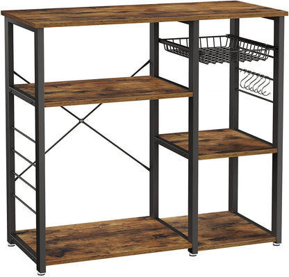 Baker'S Rack, Coffee Bar Stand with Charging Station, 33 Inches Tall, Storage Shelves, Pull-Out Wire Basket, Table for Microwave, Kitchen, Rustic Brown and Ink Black UKKS90X
