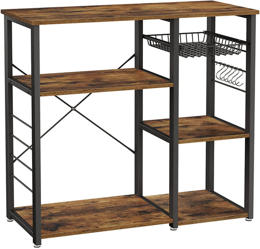Baker'S Rack, Coffee Bar Stand with Charging Station, 33 Inches Tall, Storage Shelves, Pull-Out Wire Basket, Table for Microwave, Kitchen, Rustic Brown and Ink Black UKKS90X