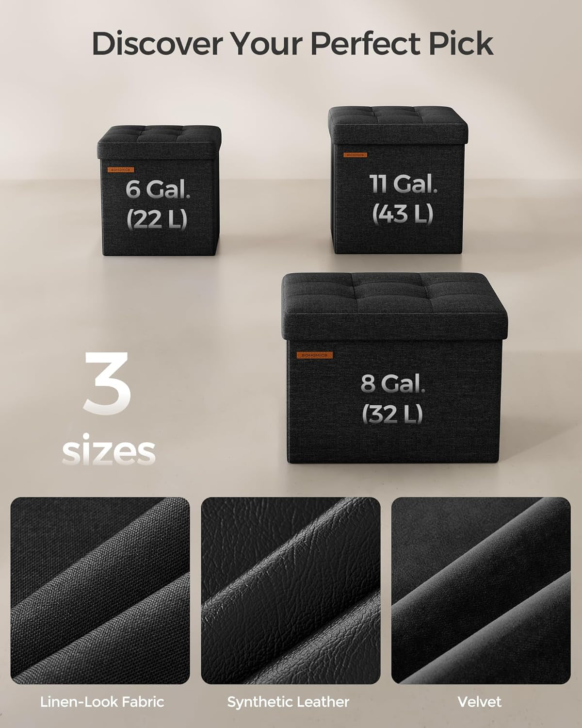 Storage Ottoman, Foldable Small Ottoman Foot Rest, 11.8 Inches Foot Stool, Cube Ottoman with Storage, Load up to 286 Lb, for Living Room, Bedroom, Dorm, Ink Black ULSF028B01
