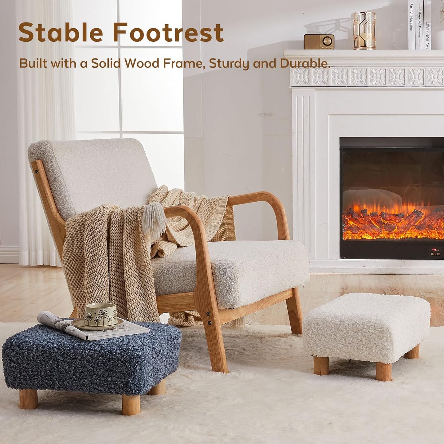 Small Foot Stool Ottoman, Sherpa Footstool Ottoman Foot Rest for Couch, Rectangle Footstools and Ottomans Small for Living Room, Entryway and Bedroom (White)