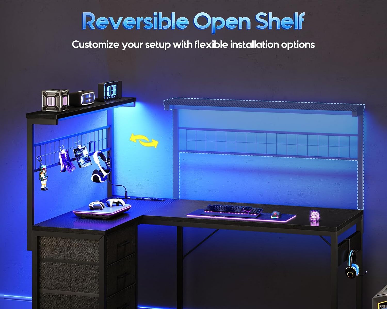 L Shaped Gaming Desk with Shelf & 4 Drawers, 43" Reversible Computer Desk with LED Light, Home Office Table with Hutch and Hook, Black