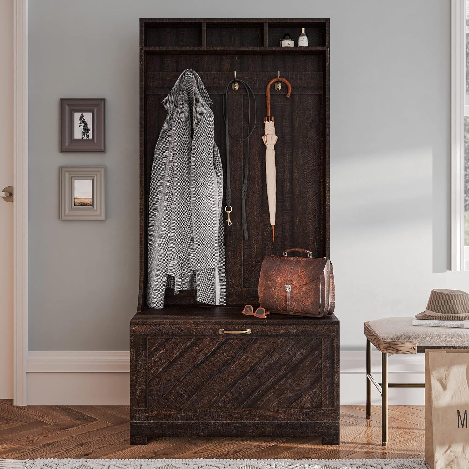 Entryway Hall Tree, Coat Rack, Storage Bench, 3-In-1 Design, Freestanding Shoe Rack - Hilo (Espresso)