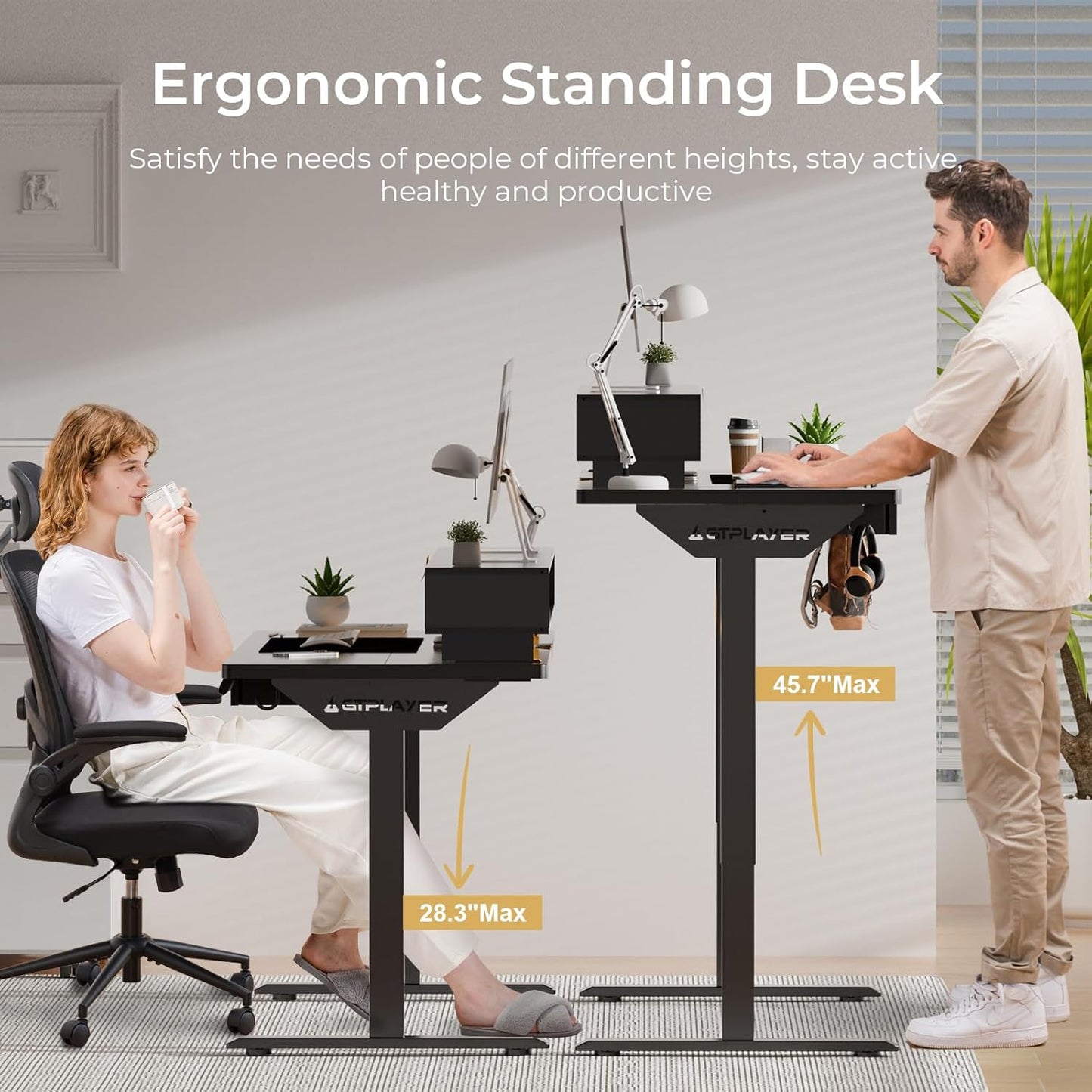Electric Standing Desk with Drawers, 48 X 24 Inch Height Adjustable Gaming Desk with Monitor Stand, Power Outlets & LED Lights, Home Office Sit Stand up Desk with Memory Preset (Black)