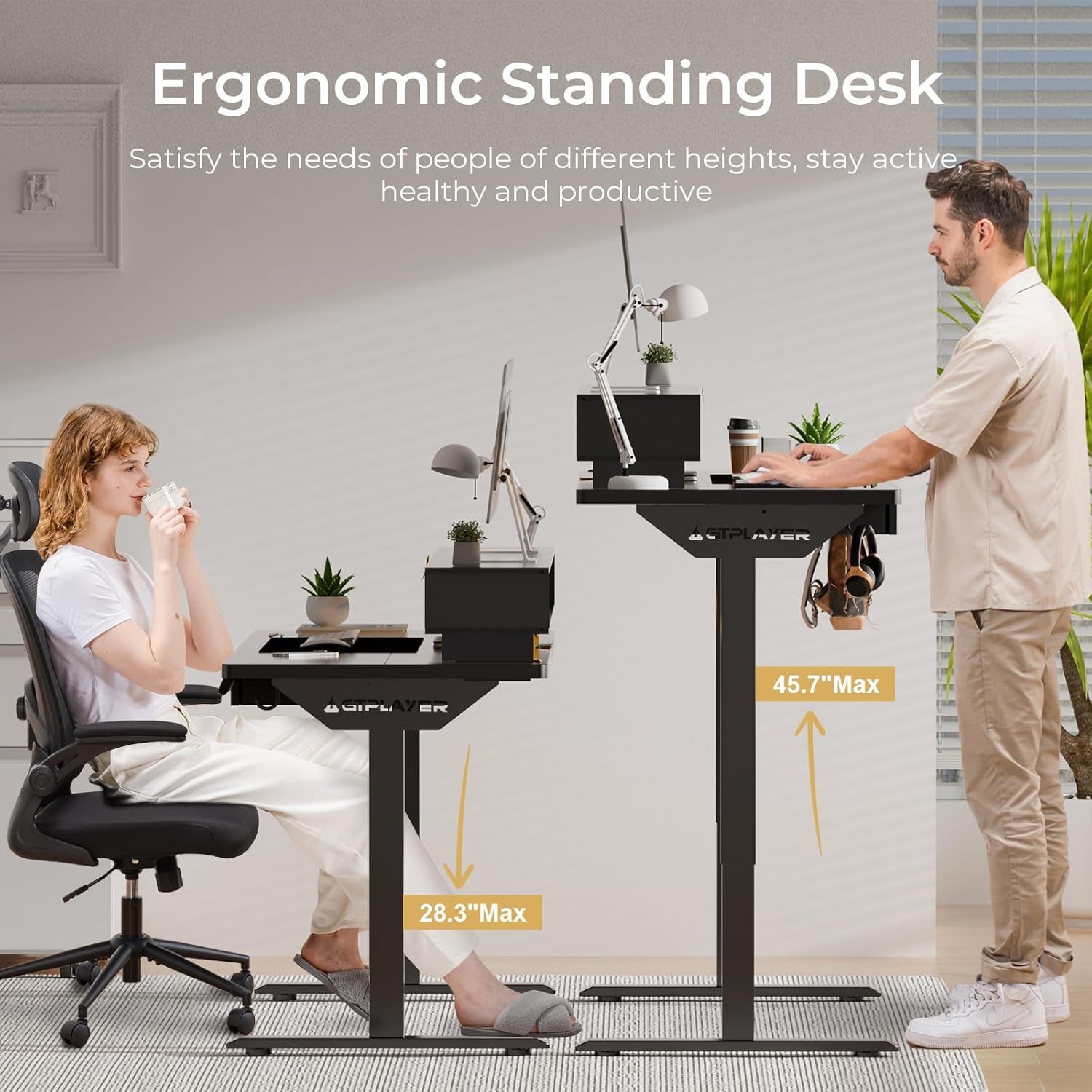 Electric Standing Desk with Drawers, 48 X 24 Inch Height Adjustable Gaming Desk with Monitor Stand, Power Outlets & LED Lights, Home Office Sit Stand up Desk with Memory Preset (Black)