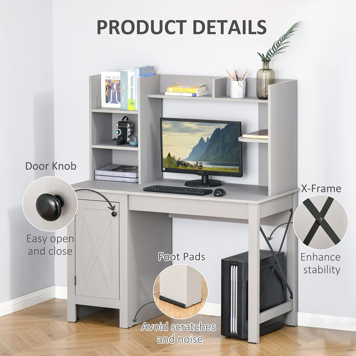 Farmhouse Computer Desk with Hutch and Cabinet, Home Office Desk with Storage, for Study, Light Grey