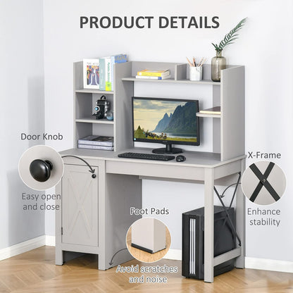 Farmhouse Computer Desk with Hutch and Cabinet, Home Office Desk with Storage, for Study, Light Grey