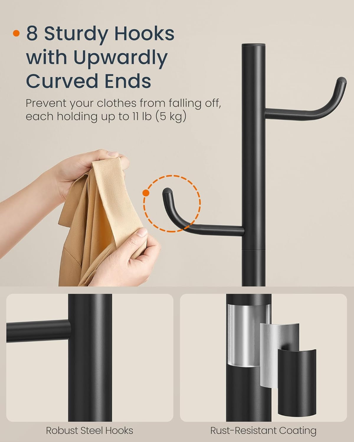 Cactus-Shaped Coat Rack, Freestanding Coat Tree, Coat Hanger Stand with 8 Sturdy Hooks, with Curved Ends, for Clothes, Hats, Bags, Ink Black URCR039B01
