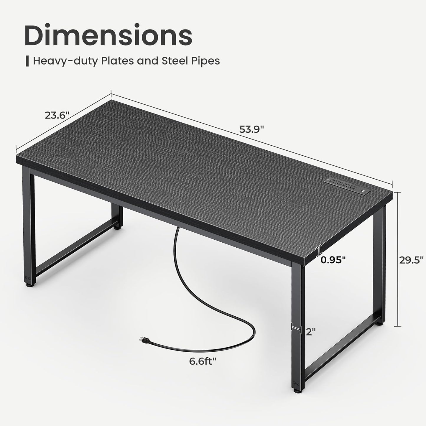 55 X 24 Inch Desk with Power Outlets & USB-C, Deeper & Thicker Desktop, Robust Metal Tubes, Computer Desk, Heavy Duty Office Desk, Work Gaming Desk for Home Office, Black