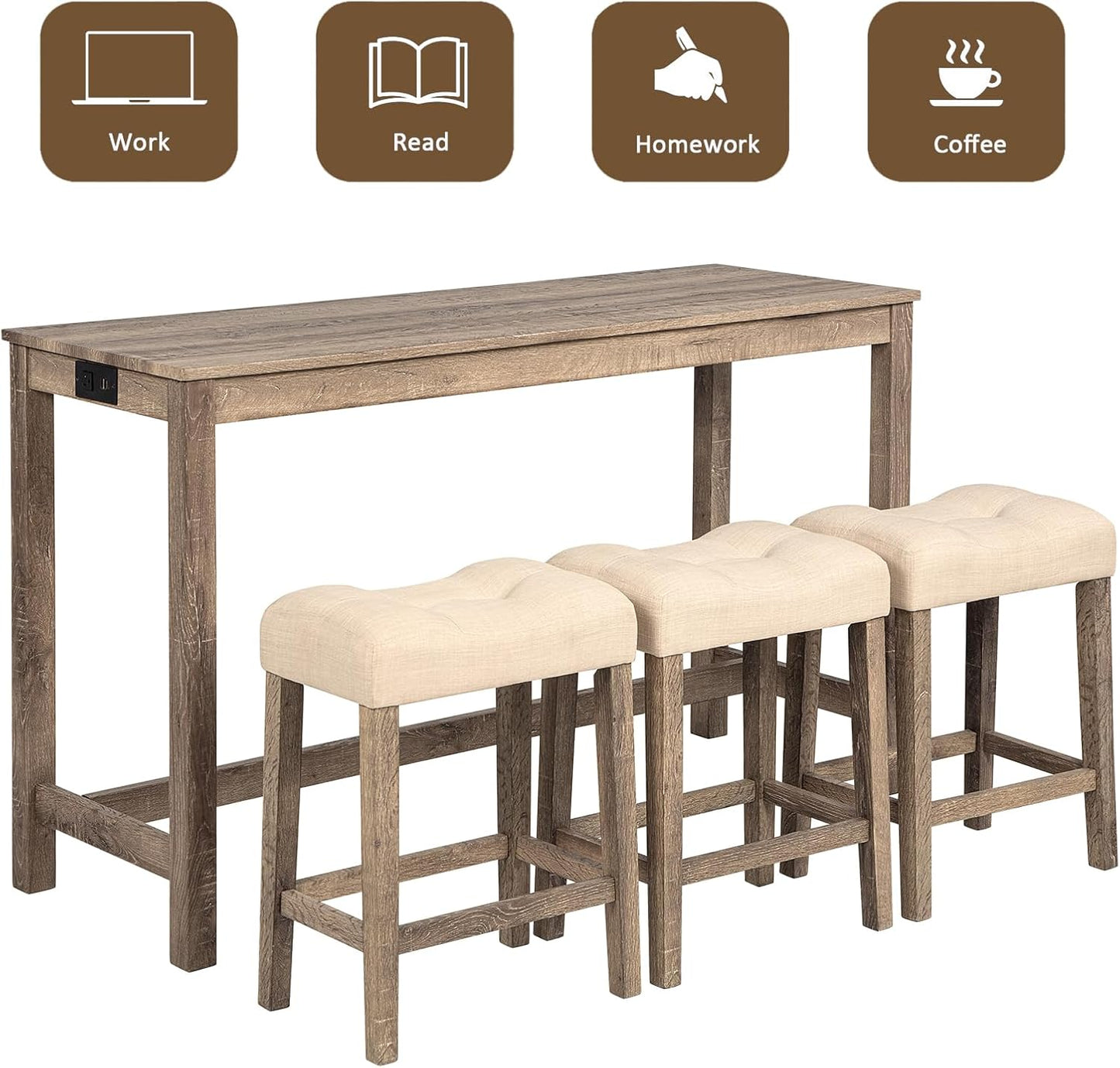 59" Counter Height Bar Table Set with Power Outlet, Industrial Breakfast Table with 3 Padded Stools, 4 Piece Bar Table and Chairs Set for Living Room, Dining Room, Brown
