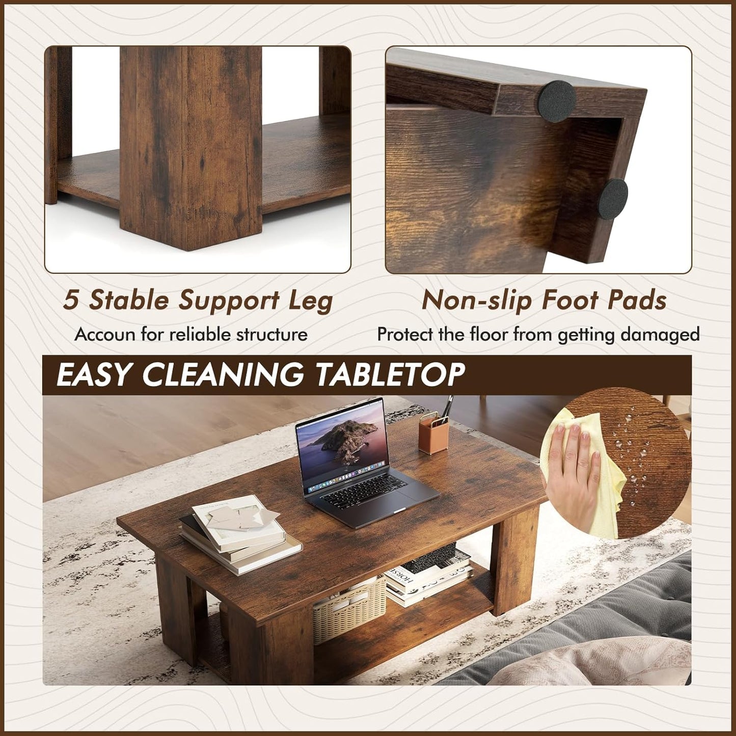 2-Tier Coffee Table, Modern Rectangular Center Cocktail Table with 5 Support Legs, Wooden Accent Living Room Furniture, Small Coffee Table for Small Spaces, Easy Assembly (Rustic Brown)