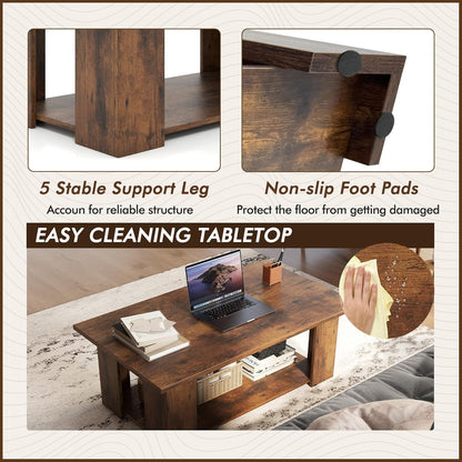 2-Tier Coffee Table, Modern Rectangular Center Cocktail Table with 5 Support Legs, Wooden Accent Living Room Furniture, Small Coffee Table for Small Spaces, Easy Assembly (Rustic Brown)