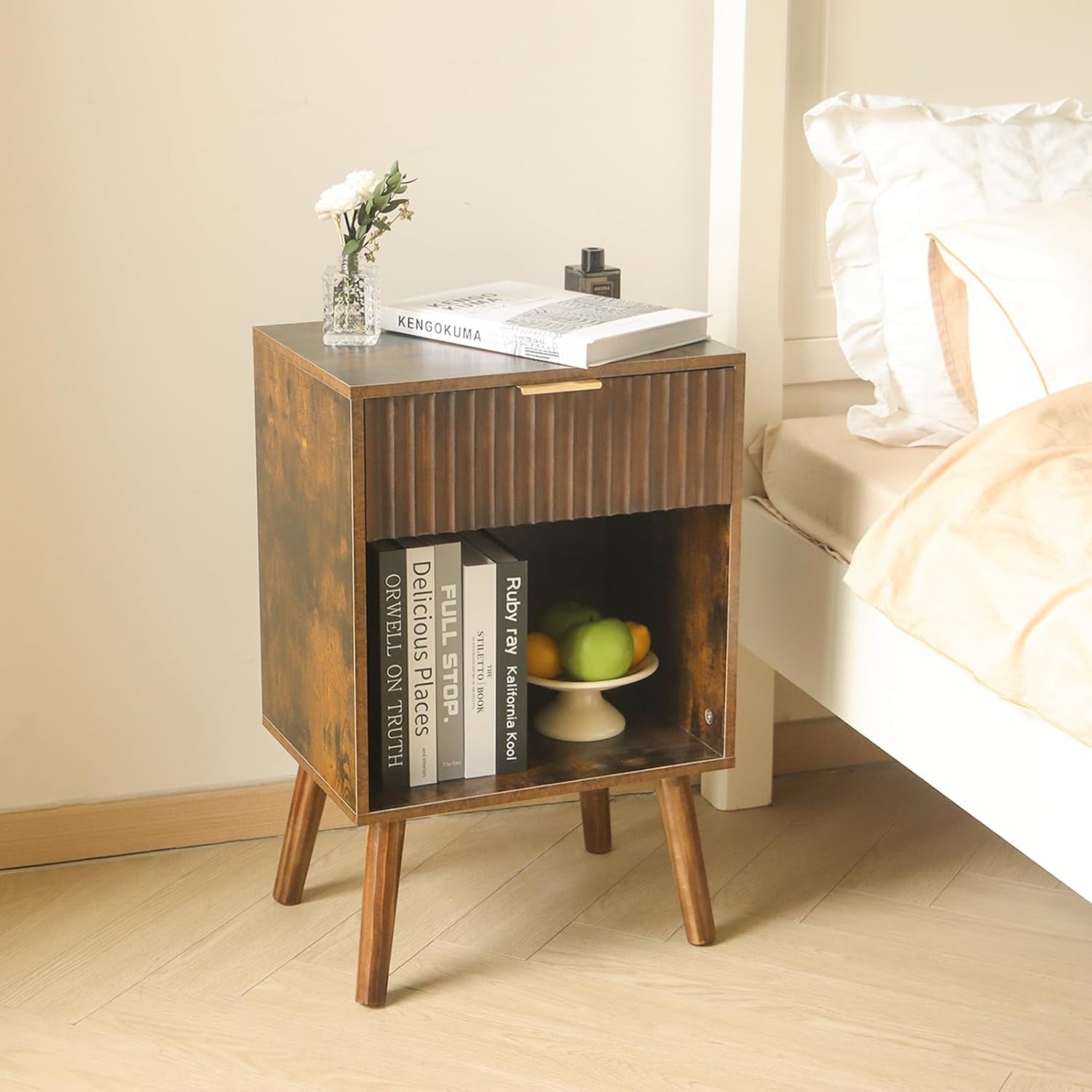 Mid Century Modern Nightstand, Wood Bedside Table with Drawer and Opening Storage, End Table Living Room Fluted Night Stand with Solid Wood Legs for Bedroom (Rustic Brown) | Drawer, Opening Storage, End Table, Living Room, Fluted, Night Stand