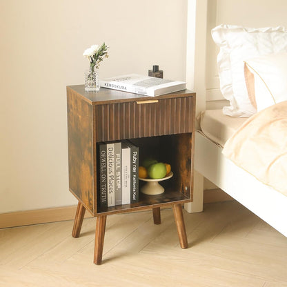 Mid Century Modern Nightstand, Wood Bedside Table with Drawer and Opening Storage, End Table Living Room Fluted Night Stand with Solid Wood Legs for Bedroom (Rustic Brown) | Drawer, Opening Storage, End Table, Living Room, Fluted, Night Stand