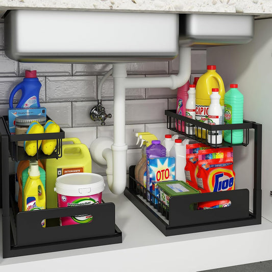 under Sink Organizer, Pull Out Cabinet Organizer Slide Out Sink Shelf Cabinet Storage Shelves, Storages for Kitchen Bathroom, Black, 2 Pack