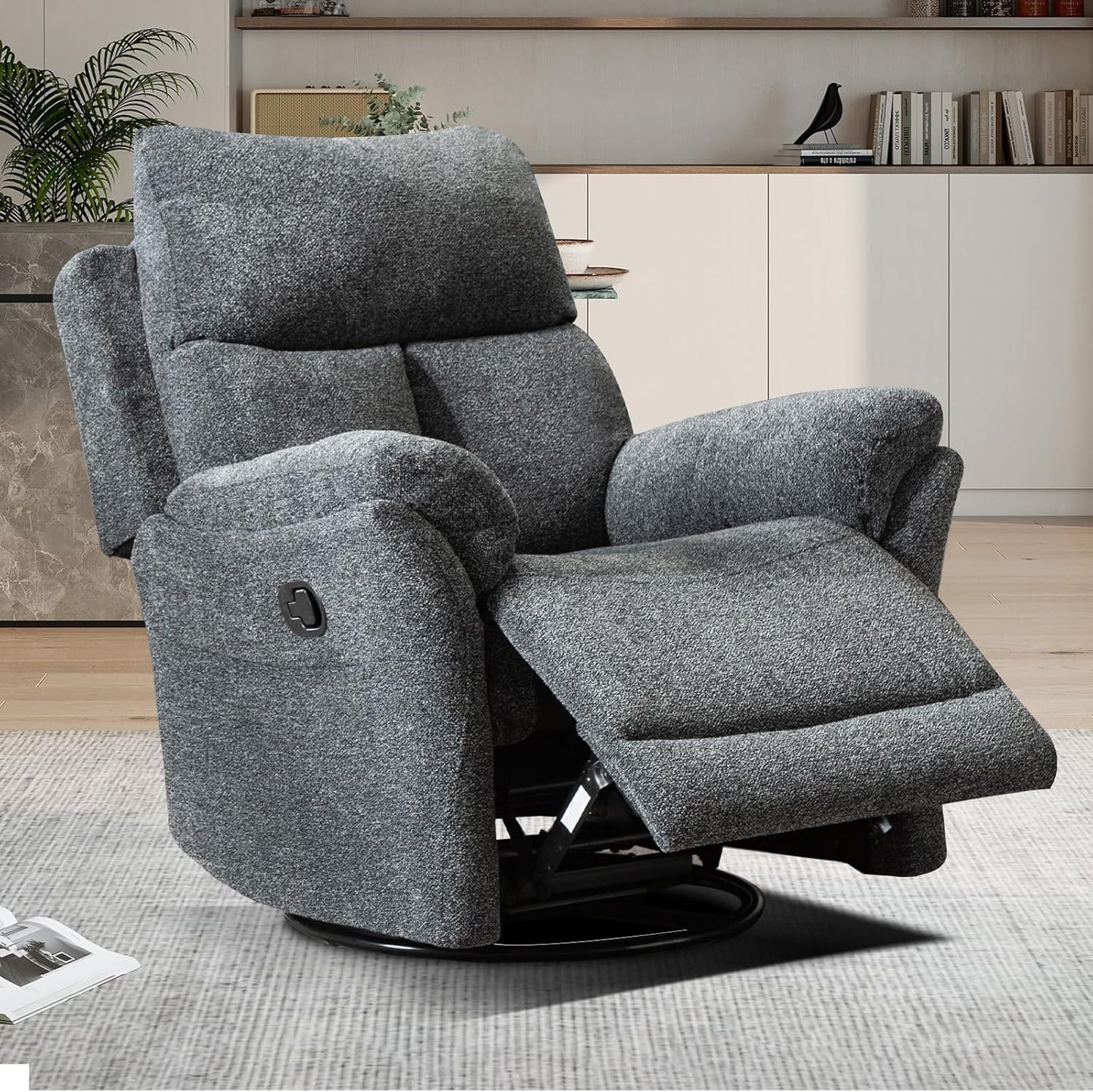 Rocker Recliner, Manual Swivel Recliner with Overstuffed Cushion, Nursing Chairs for Living Room, Swivel Glider Recliners with Soft Backrest, Dark Grey