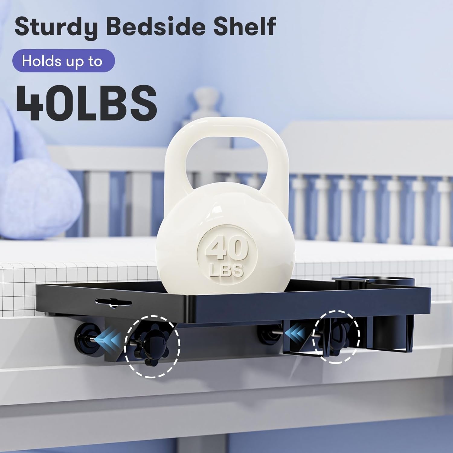 Bedside Shelf, Bunk Bed Table Shelf for Top Bunk, Black Clip on Nightstand with Removable Cup Holder&Power Strip Holder,Bunk Bed Tray for Dorm Bed&Loft Bed,College Dorm Room Essential(Updated Version)