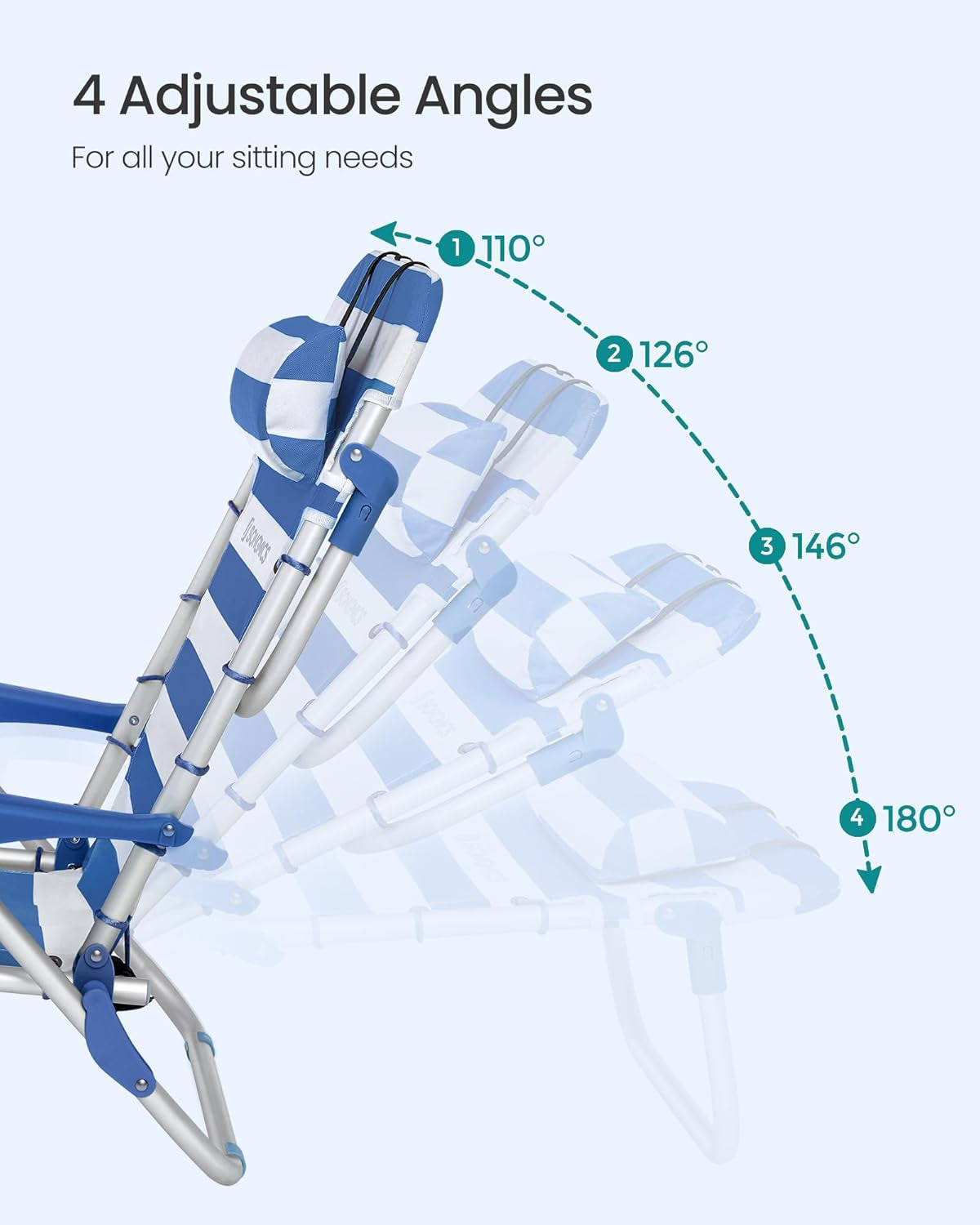 Portable Backpack Beach Chair, 331 Lb Capacity, 4 Angles Adjustable Backrest, 2 Side Pockets, Towel Bar, Blue and White UGCB62BU